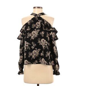 J.O.A. Cold Shoulder Floral Print Long Sleeve Top, Black, Size XS